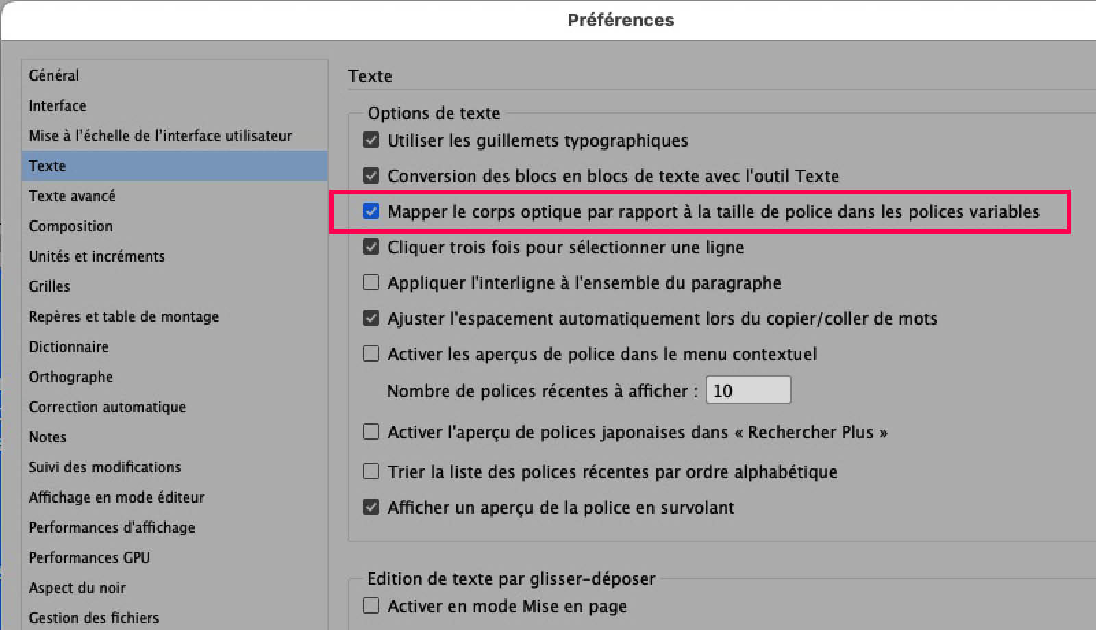 Mapping automatique du corps optique dans InDesign : préférence par défaut.